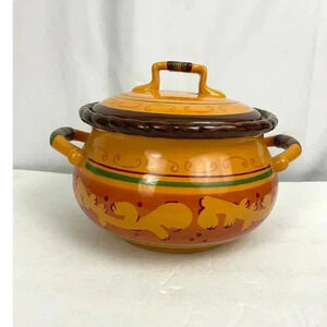 Stoneware Tuscan 3 Quart Bean Pot Casserole with Lid Microwave Oven Safe